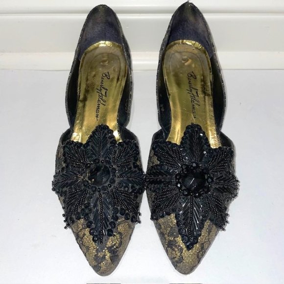 Beverly Feldman Gold and Black Lace Dressy Wedges with Black Bead Embellishment - Picture 1 of 9